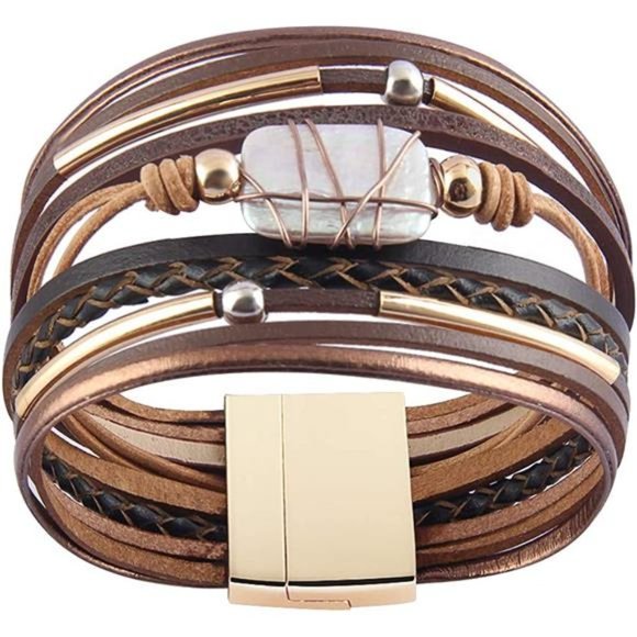 Leather Cuff Bracelet with Baroque Pearls and Gold Accents - Picture 4 of 6